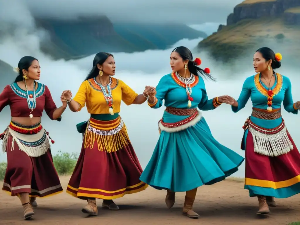 Mujeres indígenas participando en danzas tradicionales, expresando gracia y fuerza en círculo ceremonial