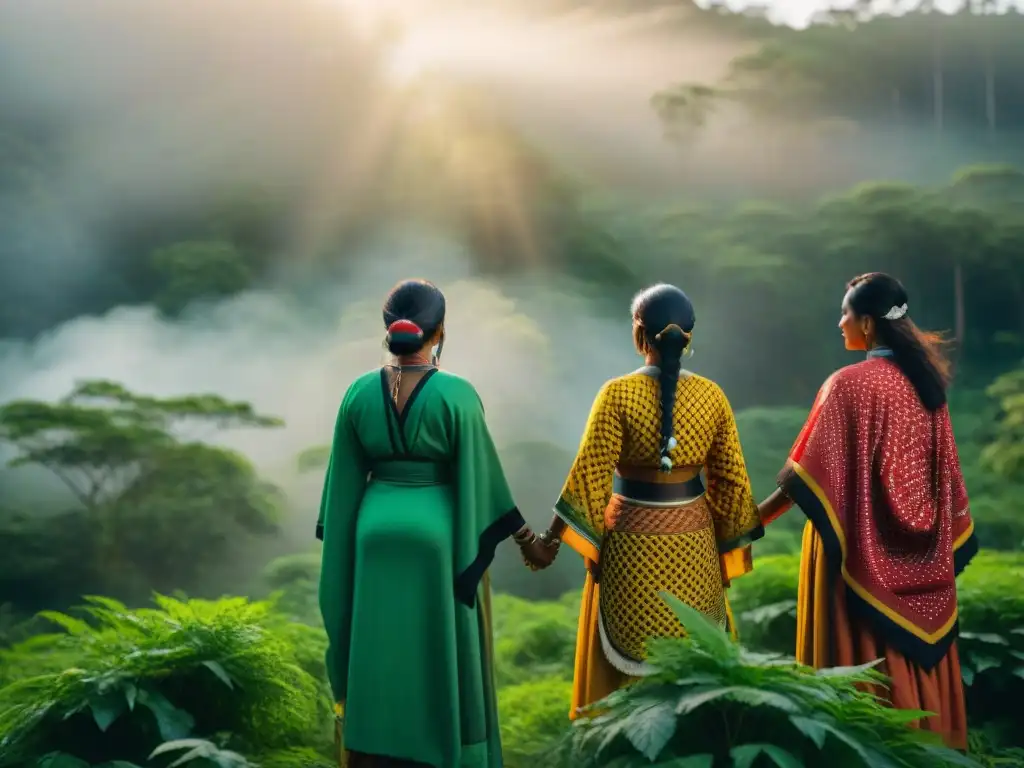 Mujeres indígenas unidas en la defensa de sus derechos y tierra, mostrando fortaleza y determinación en el bosque