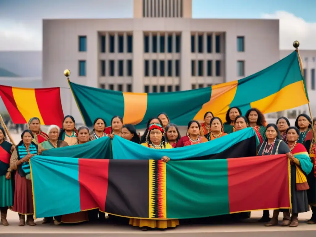 Mujeres indígenas defensoras de derechos de tierra frente al juzgado, exhibiendo determinación y fortaleza en sus rostros