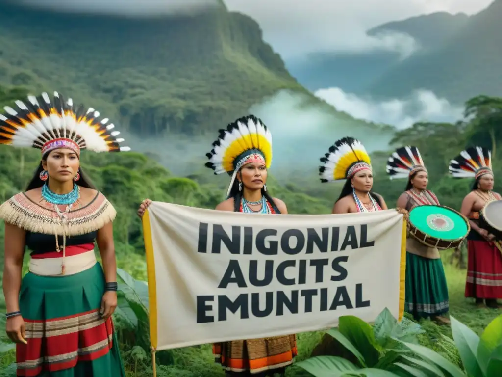 Mujeres indígenas defensoras derechos tierra: Grupo en bosque, visten trajes coloridos, sostienen pancartas, cantan y tocan tambores, expresando fuerza y resistencia