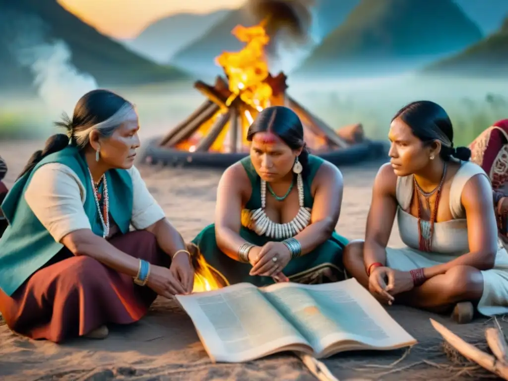 Mujeres indígenas defensoras derechos tierra reunidas alrededor de fuego sagrado, planeando estrategias y mostrando determinación