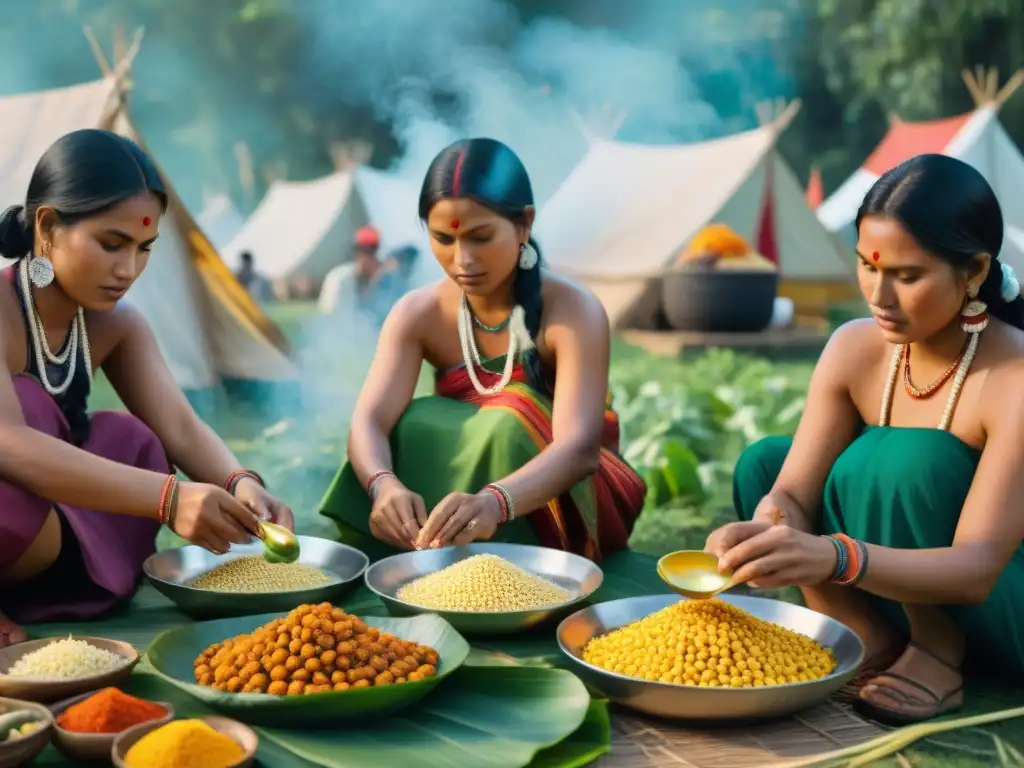 Mujeres indígenas preparando delicias en festival con ingredientes coloridos y escena vibrante