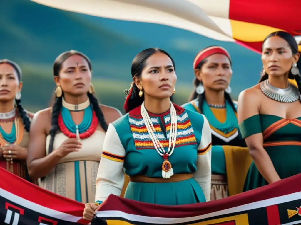 Mujeres indígenas en empoderada reunión política, debatiendo apasionadamente entre sí, rodeadas de artefactos tribales y símbolos culturales