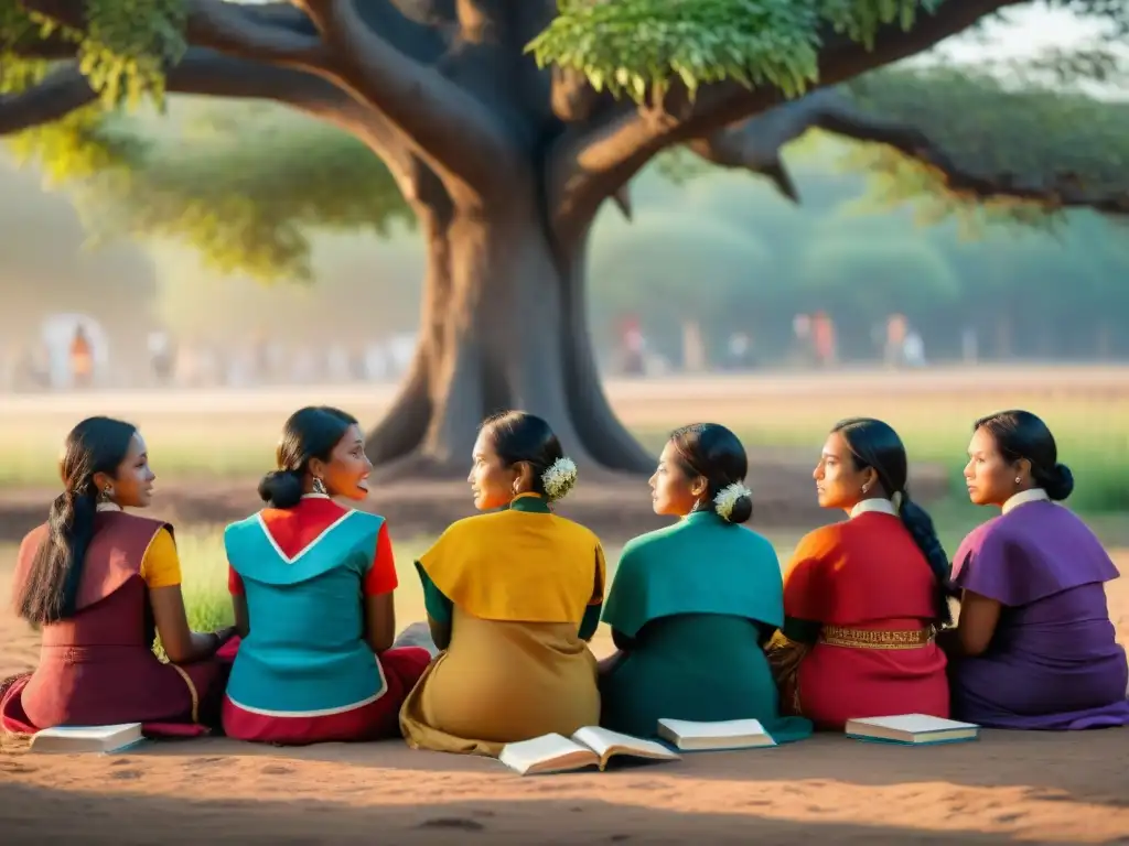 Mujeres indígenas empoderadas debatiendo bajo un árbol al atardecer, con libros y cuadernos