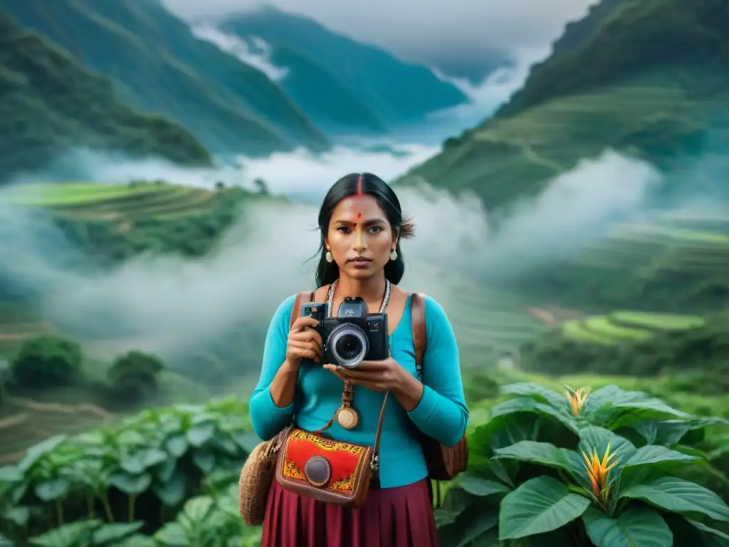 Mujeres indígenas empoderadas capturando su cine indígena en América, rodeadas de exuberante naturaleza