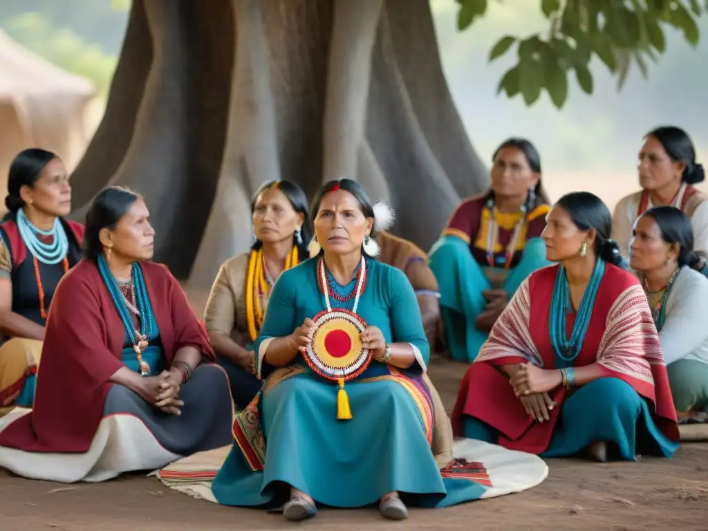 Mujeres indígenas empoderadas unidas en círculo bajo un árbol, portando artesanías y expresando determinación y solidaridad