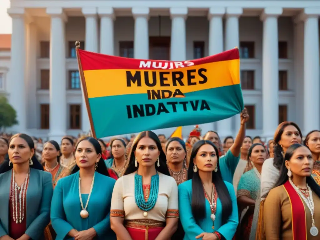 Mujeres indígenas empoderadas luchando por representación equitativa en política, frente a edificio gubernamental con arte tradicional