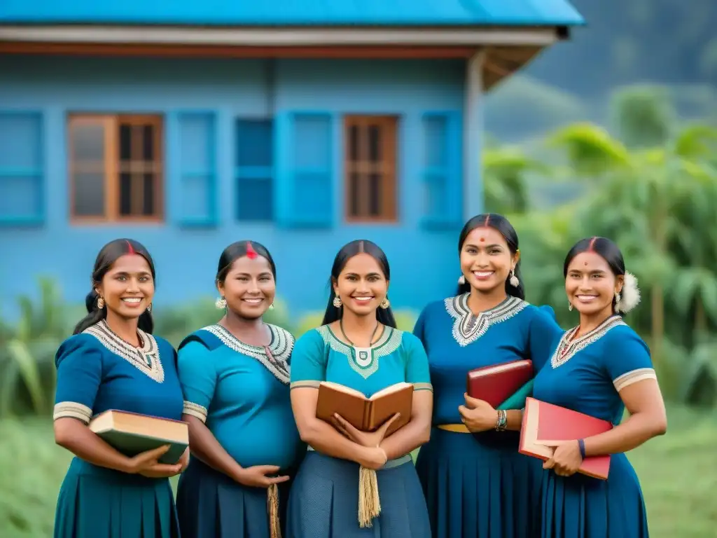 Mujeres indígenas empoderadas en una escuela rural, sonrientes y con libros, bajo cielo azul y vegetación exuberante