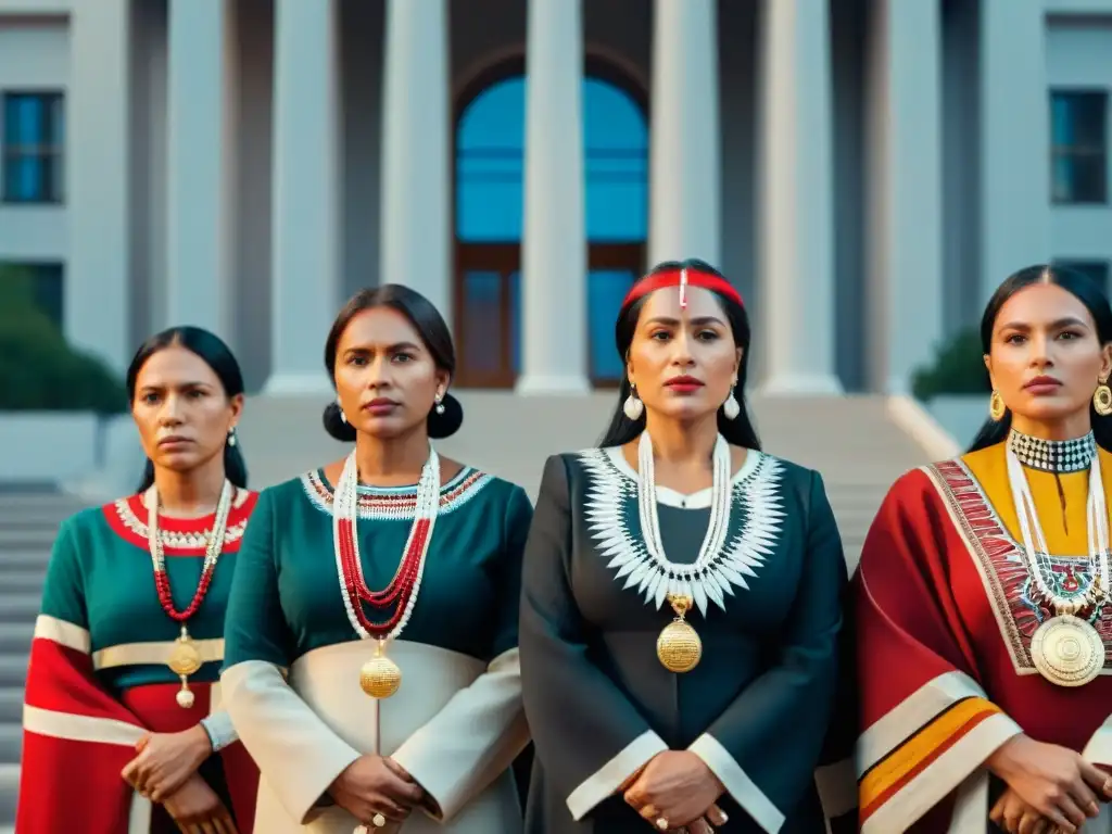 Mujeres indígenas empoderadas frente a edificio gubernamental, representando equitativa política