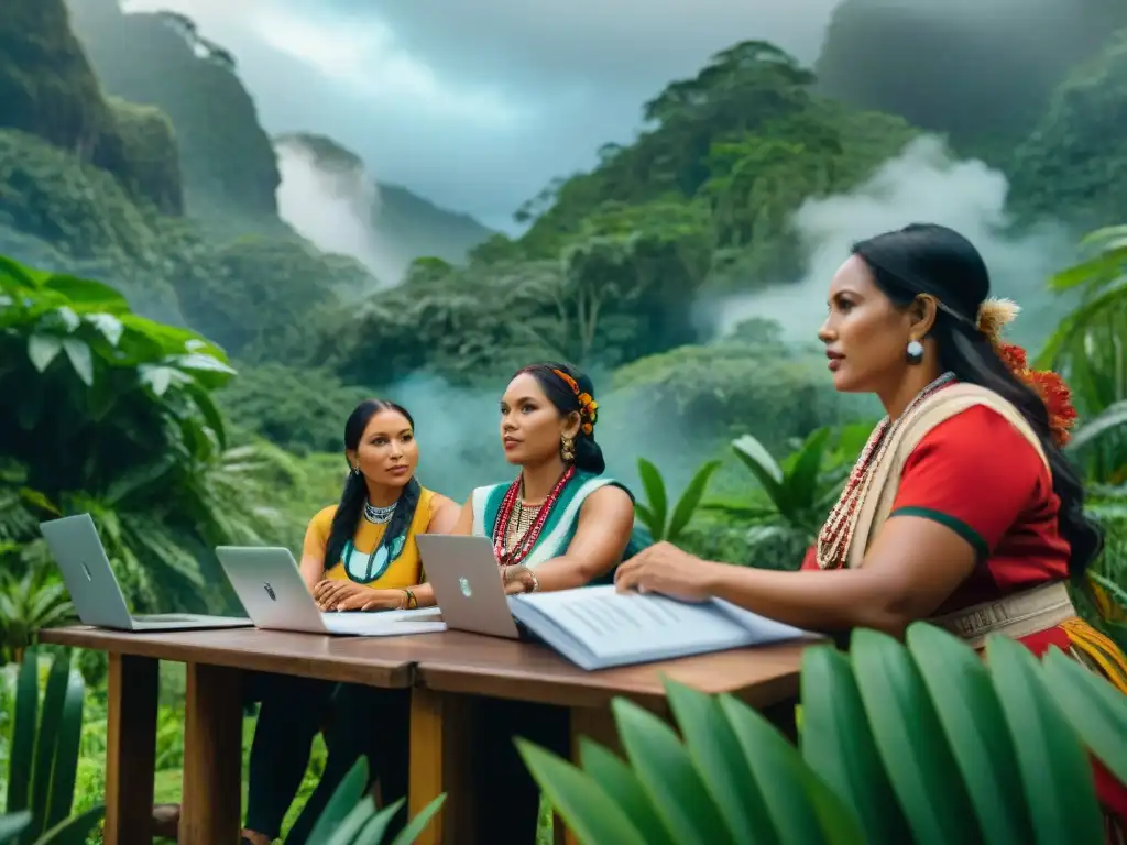 Mujeres indígenas emprendedoras sostenibles liderando una reunión de negocios exitosa en la selva