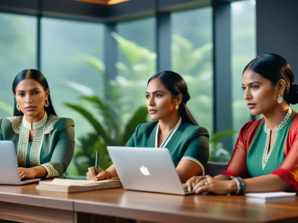 Mujeres indígenas emprendedoras sostenibles debatiendo estrategias de negocio en la naturaleza