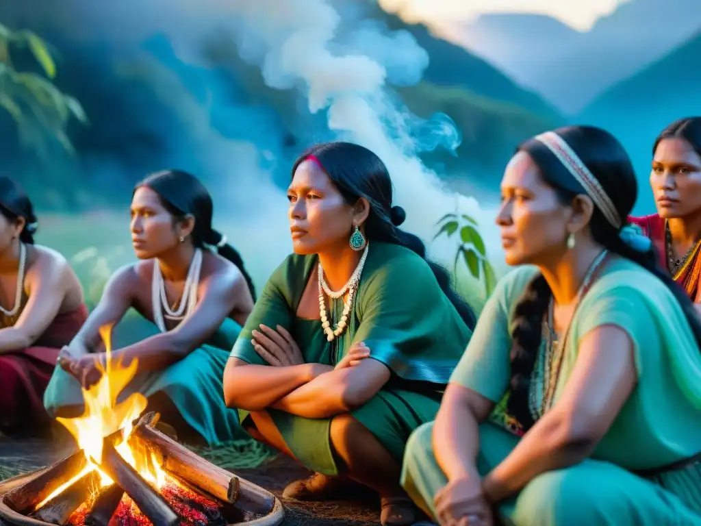 Mujeres indígenas emprendedoras sostenibles reunidas alrededor de una fogata en la naturaleza, expresando liderazgo y determinación