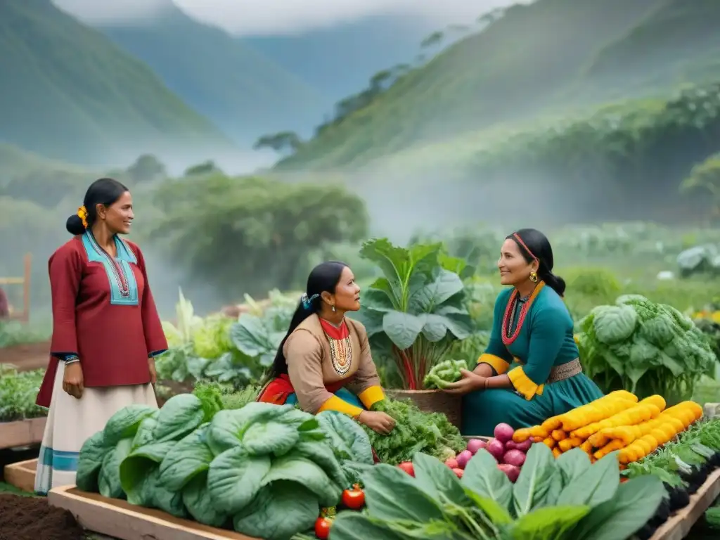 Mujeres indígenas en emprendimientos sustentables, cultivando un jardín comunitario bajo el sol brillante