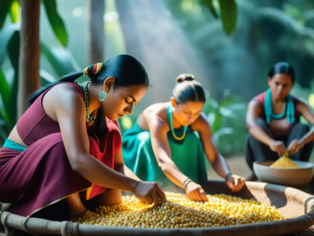 Mujeres indígenas moliendo maíz para pinole con energía ancestral y orgullo cultural