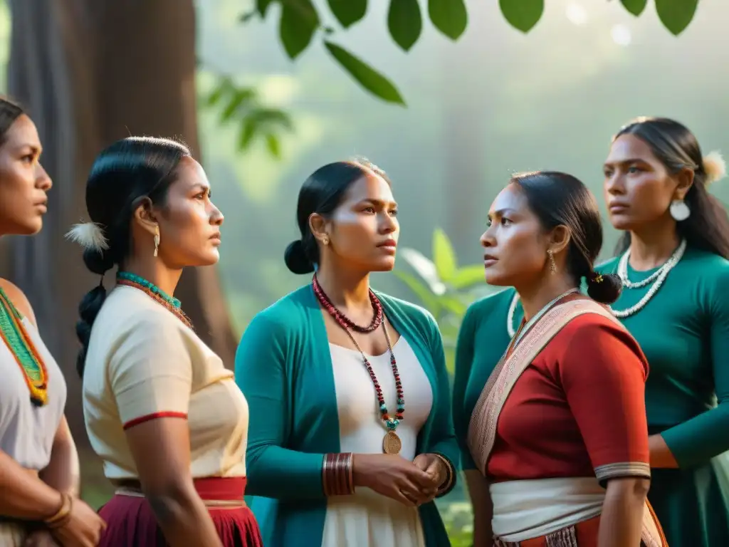 Mujeres indígenas lideran estrategias ambientales bajo árbol en la selva, reflejando su conexión con la naturaleza