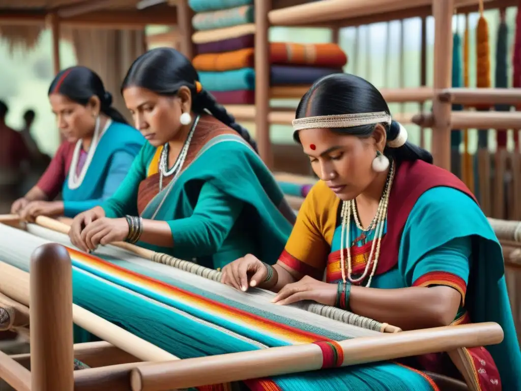 Mujeres indígenas expertas en artes textiles tejiendo patrones vibrantes en telares de madera