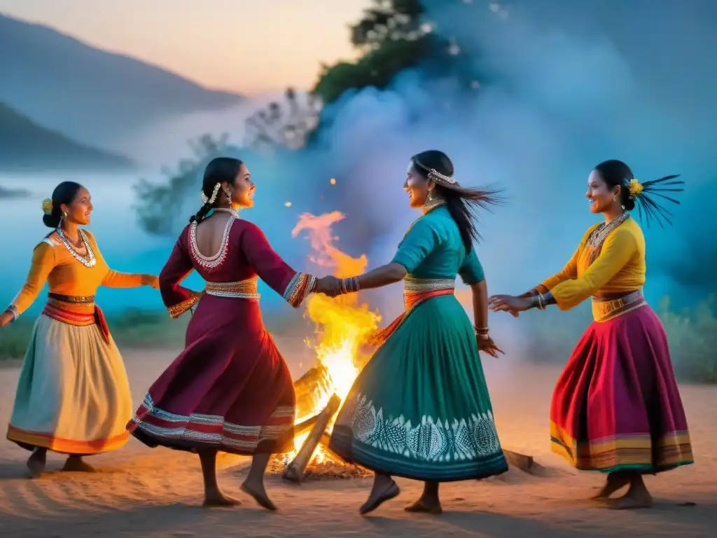 Mujeres indígenas danzando alrededor de una fogata en un evento cultural, reflejando la participación de la mujer indígena en danzas tradicionales