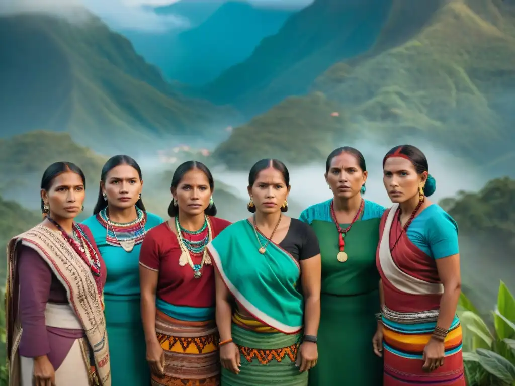 Mujeres indígenas unidas frente a montaña verde en lucha por tierra en Guatemala