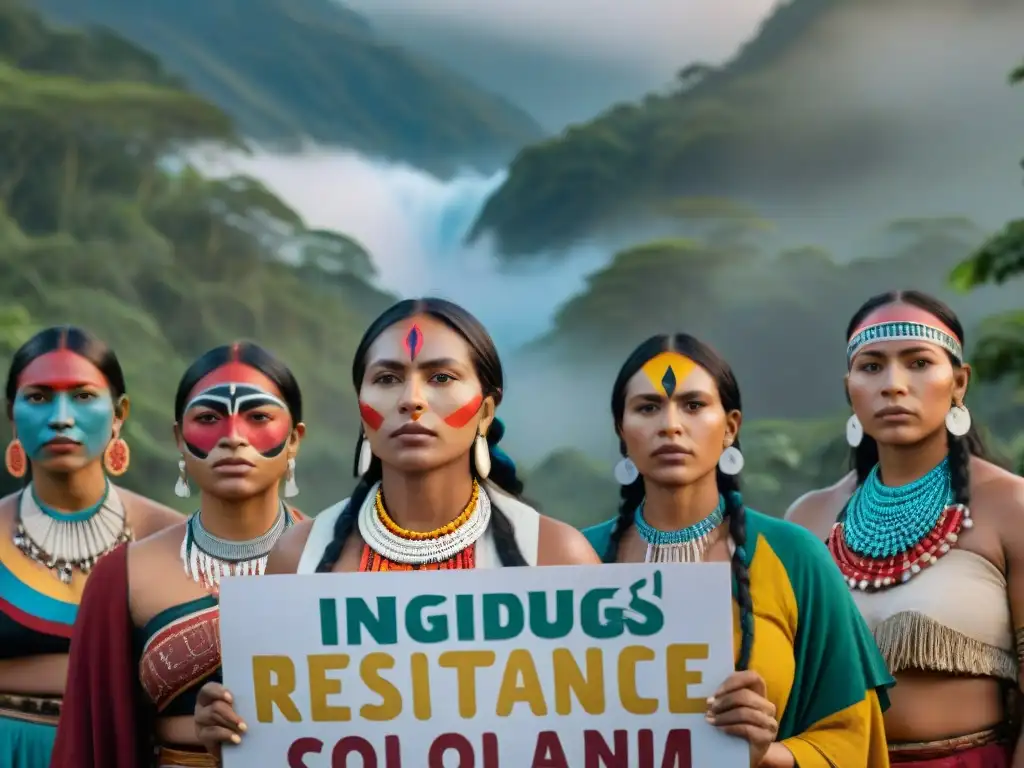 Mujeres indígenas resistiendo con fuerza y solidaridad contra el patriarcado y el colonialismo, expresando determinación y orgullo en sus trajes tradicionales y pancartas de protesta en su idioma nativo, en un bosque exuberante