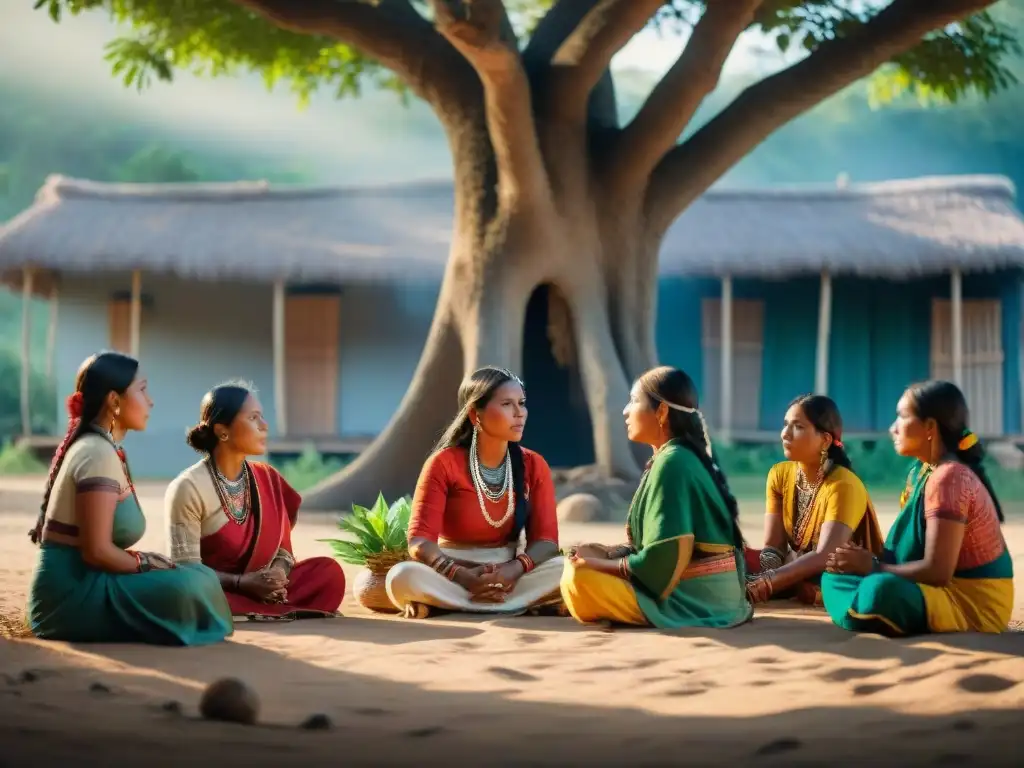 Mujeres indígenas narran historias en círculo bajo un árbol, rodeadas de exuberante naturaleza en una aldea remota