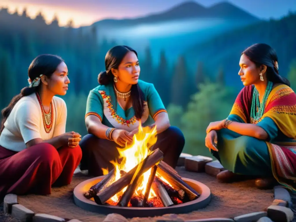 Mujeres indígenas comparten historias alrededor de fogata, reflejando luchas y cultura en la noche estrellada