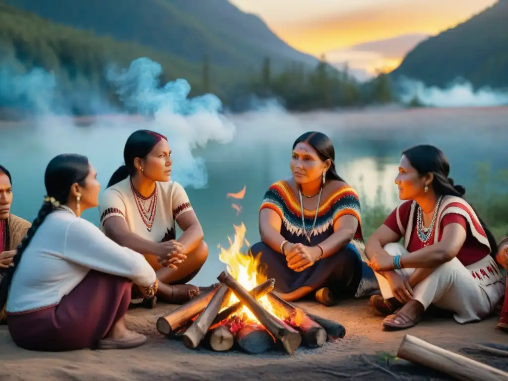 Mujeres indígenas compartiendo historias alrededor de fogata, escribiendo en la naturaleza