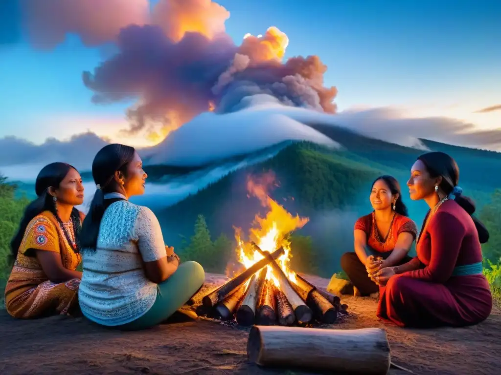 Mujeres indígenas comparten historias alrededor del fuego, expresando sabiduría y determinación en la noche estrellada del bosque