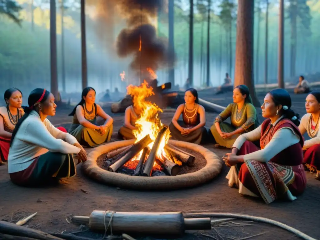 Mujeres indígenas tejiendo y escuchando historias alrededor del fuego en el bosque, mostrando fortaleza frente a la colonización