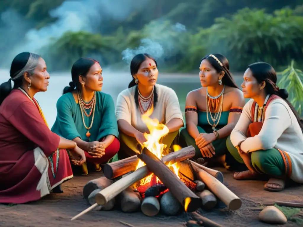 Mujeres indígenas narran historias mundo: Grupo de cineastas femeninas reunidas alrededor de una fogata, compartiendo historias y cultura