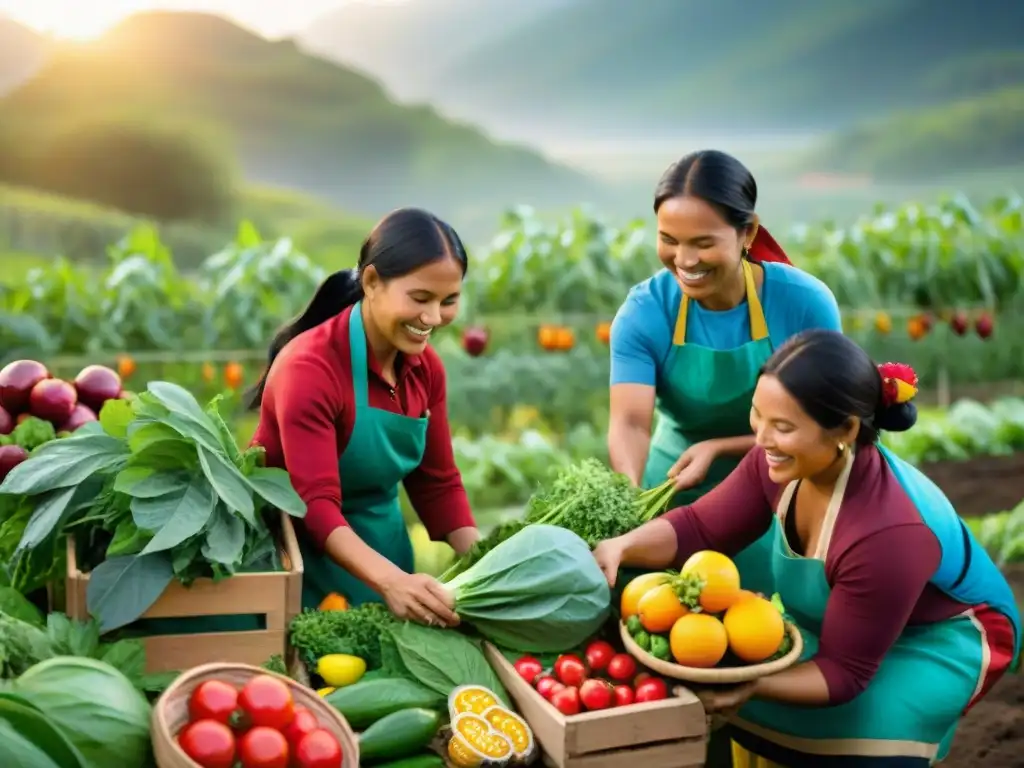 Mujeres indígenas cosechando ingredientes en jardín comunitario, reflejando la riqueza de Ingredientes indígenas gastronomía contemporánea