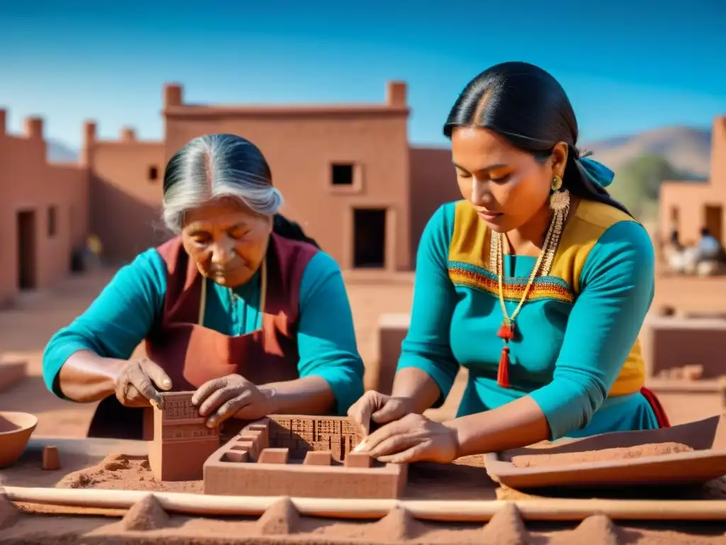 Mujeres indígenas creando ladrillos de adobe para construcción de viviendas nativas en armonía con la naturaleza