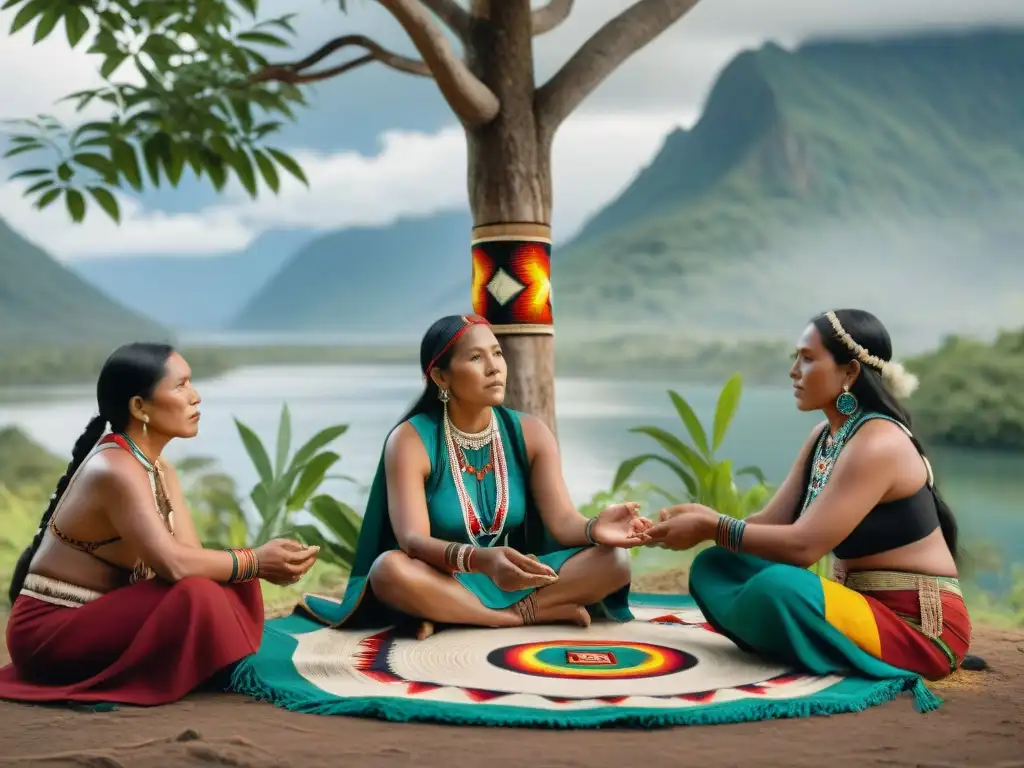 Mujeres indígenas fortaleciendo lazos culturales en ceremonia bajo un árbol, con vestimenta tradicional y paisaje montañoso