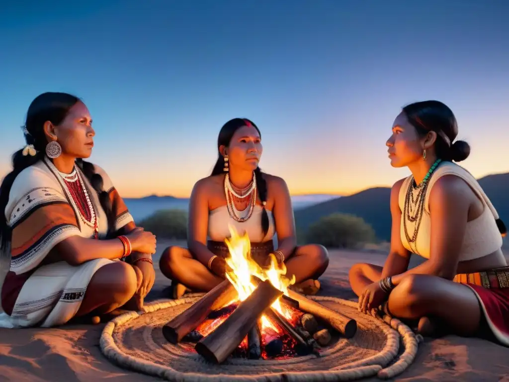 Mujeres indígenas fortaleciendo lazos culturales en círculo alrededor del fuego nocturno