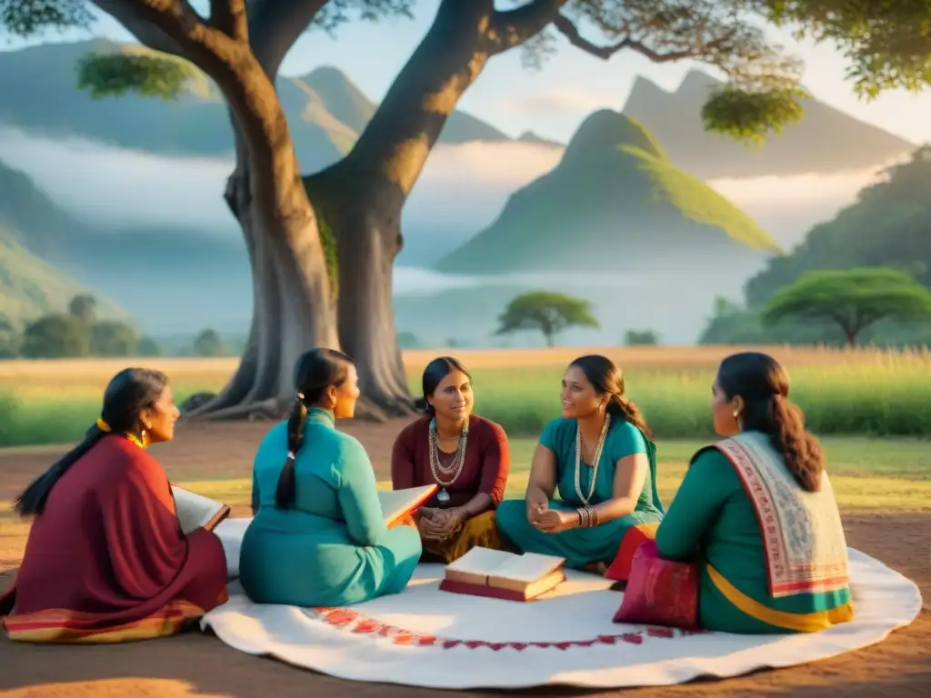 Mujeres indígenas preservando lenguas ancestrales bajo un árbol, rodeadas de textiles y artesanías