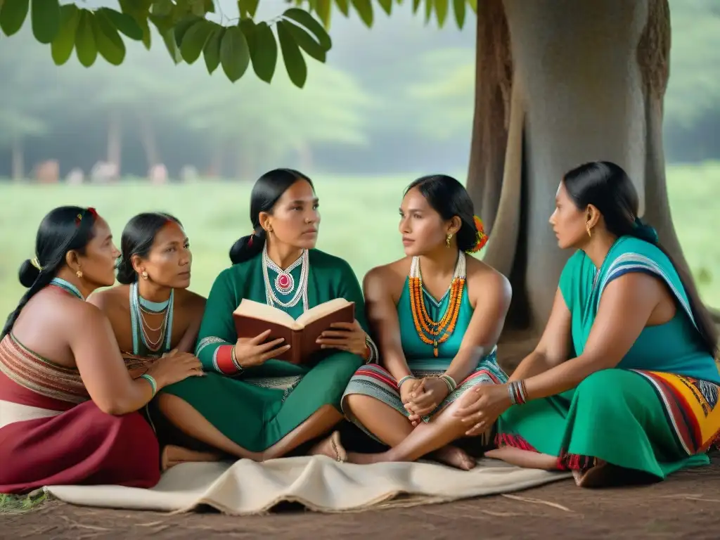 Mujeres indígenas preservando lenguas, unidas bajo un árbol con textiles tradicionales, libros y tabletas, en un bosque verde