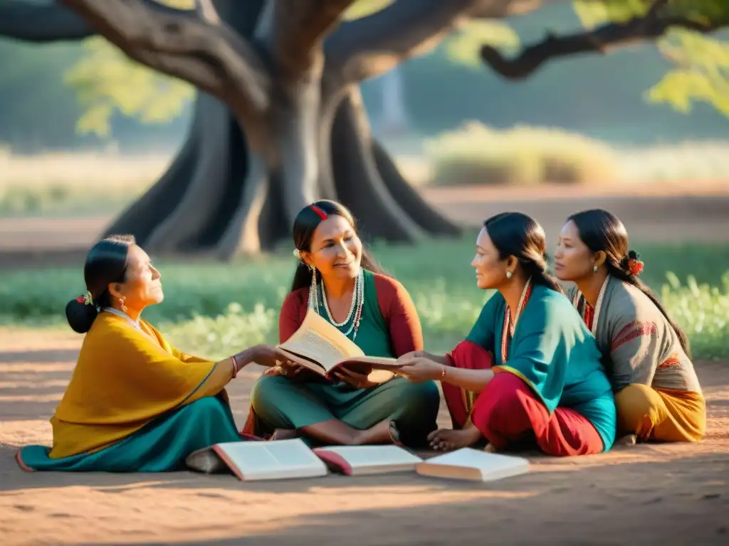 Mujeres indígenas preservando lenguas en círculo bajo árbol con libros