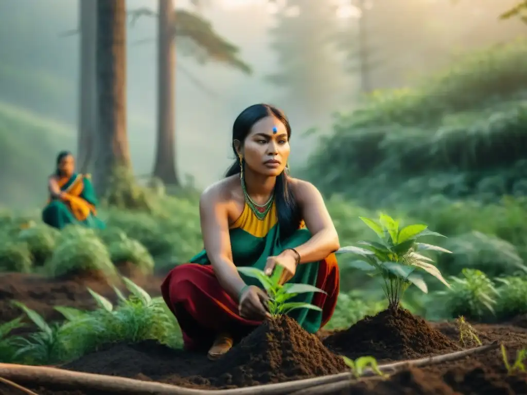 Mujeres indígenas líderes en cambio climático plantando árboles al atardecer en un bosque exuberante