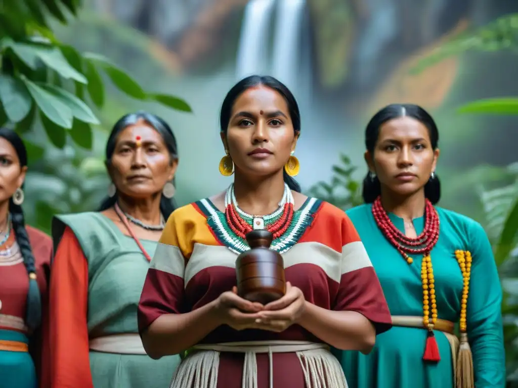 Mujeres indígenas líderes unidas, representando la diversidad cultural y la conexión con la naturaleza