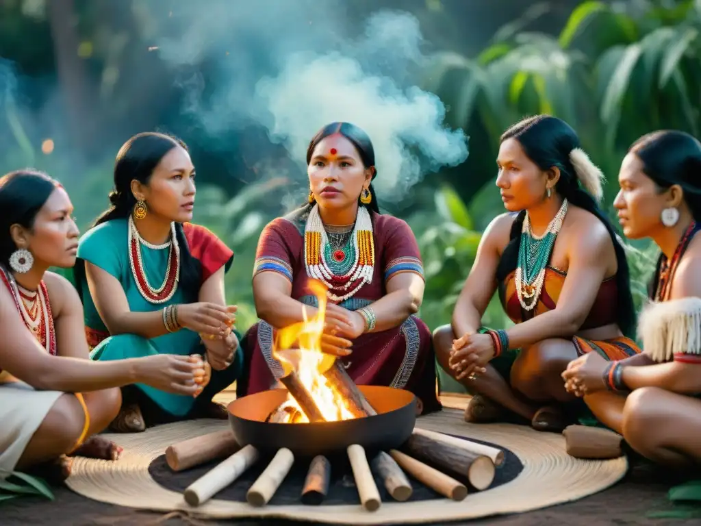 Mujeres indígenas líderes empoderadas reunidas alrededor de una fogata ceremonial vibrante y decorada, inmersas en profunda conversación