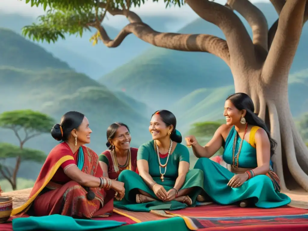 Mujeres indígenas líderes empoderadas tejiendo bajo un árbol, rodeadas de textiles y artesanías coloridas en tierras ancestrales