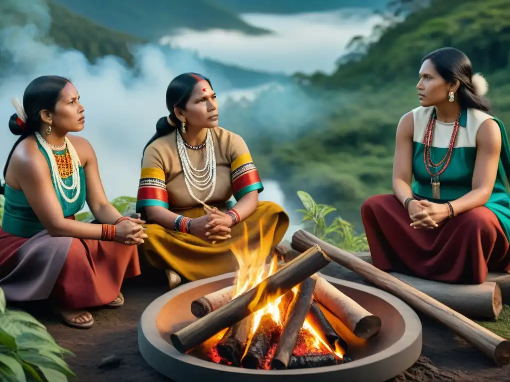 Mujeres indígenas líderes empoderadas en profunda conversación alrededor del fuego, mostrando determinación y sabiduría en la selva