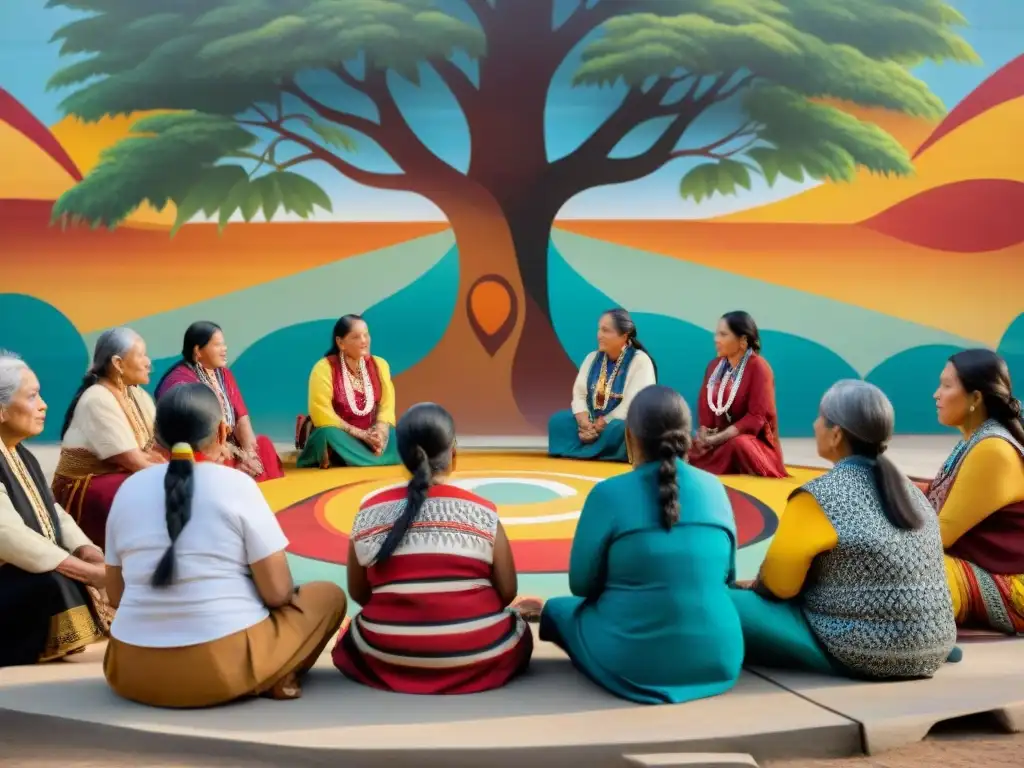 Mujeres indígenas líderes empoderadas conversando bajo un árbol, reflejando sabiduría y liderazgo en comunidad