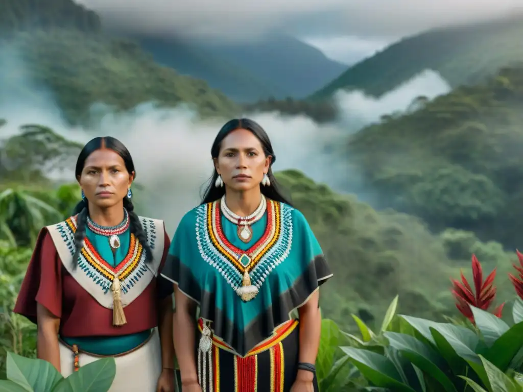 Mujeres indígenas líderes con vestimenta tradicional, rodeadas de naturaleza exuberante, representan la defensa de sus territorios y derechos