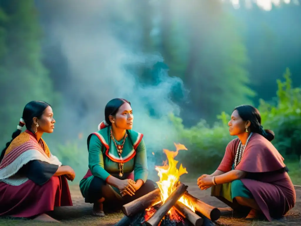 Mujeres indígenas revitalización lingüística alrededor del fuego en la selva, con determinación y orgullo