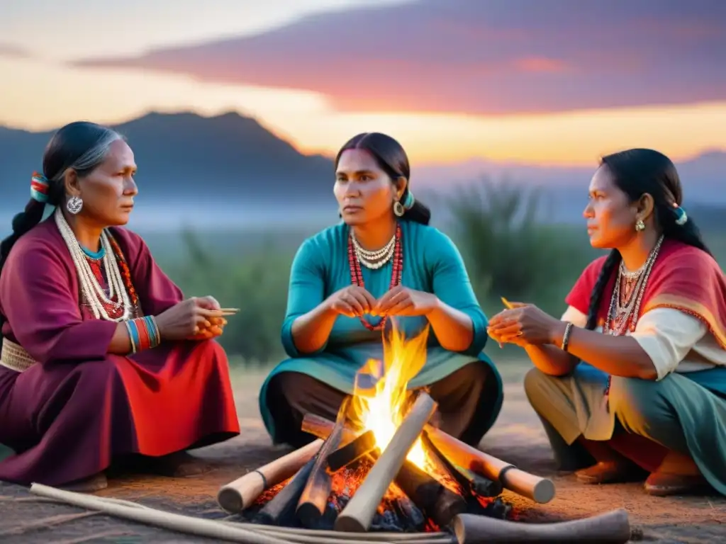 Mujeres indígenas lideran revitalización lingüística alrededor del fuego al atardecer