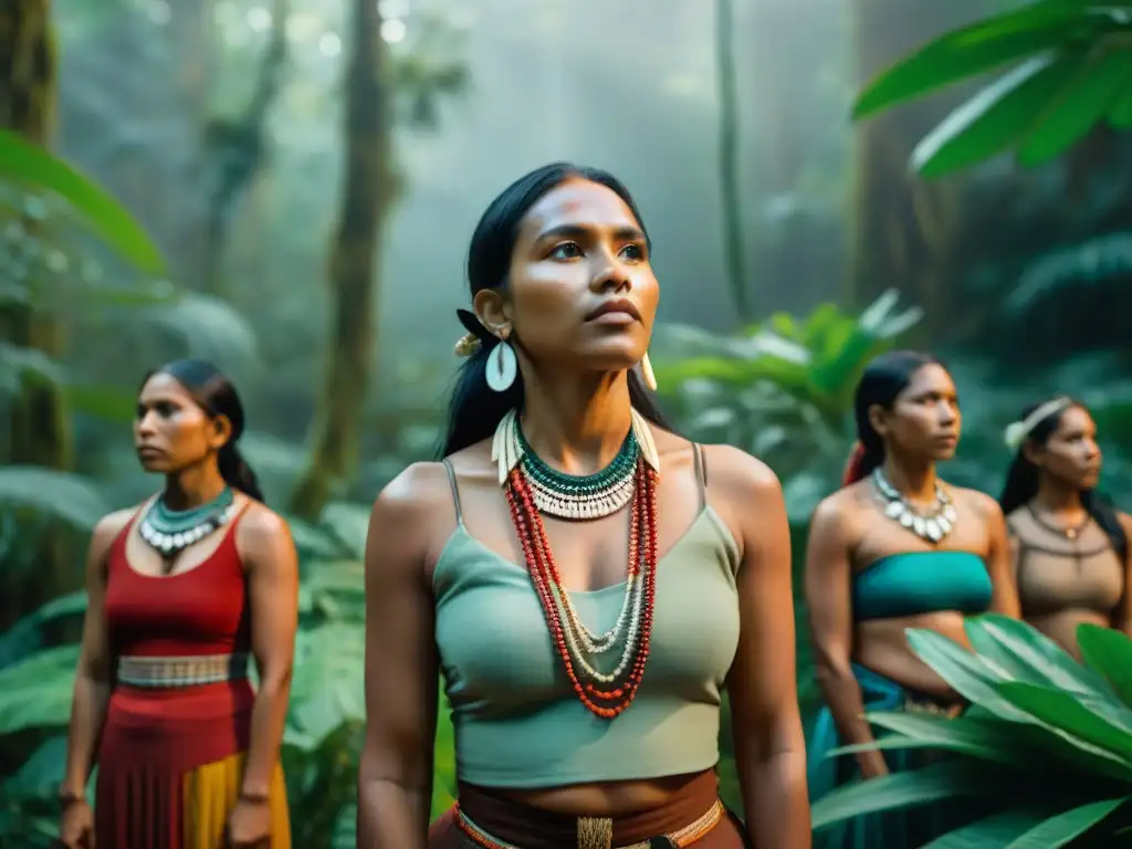 Mujeres indígenas unidas en la lucha contra el cambio climático, reflejando fuerza y conexión con la naturaleza en la selva