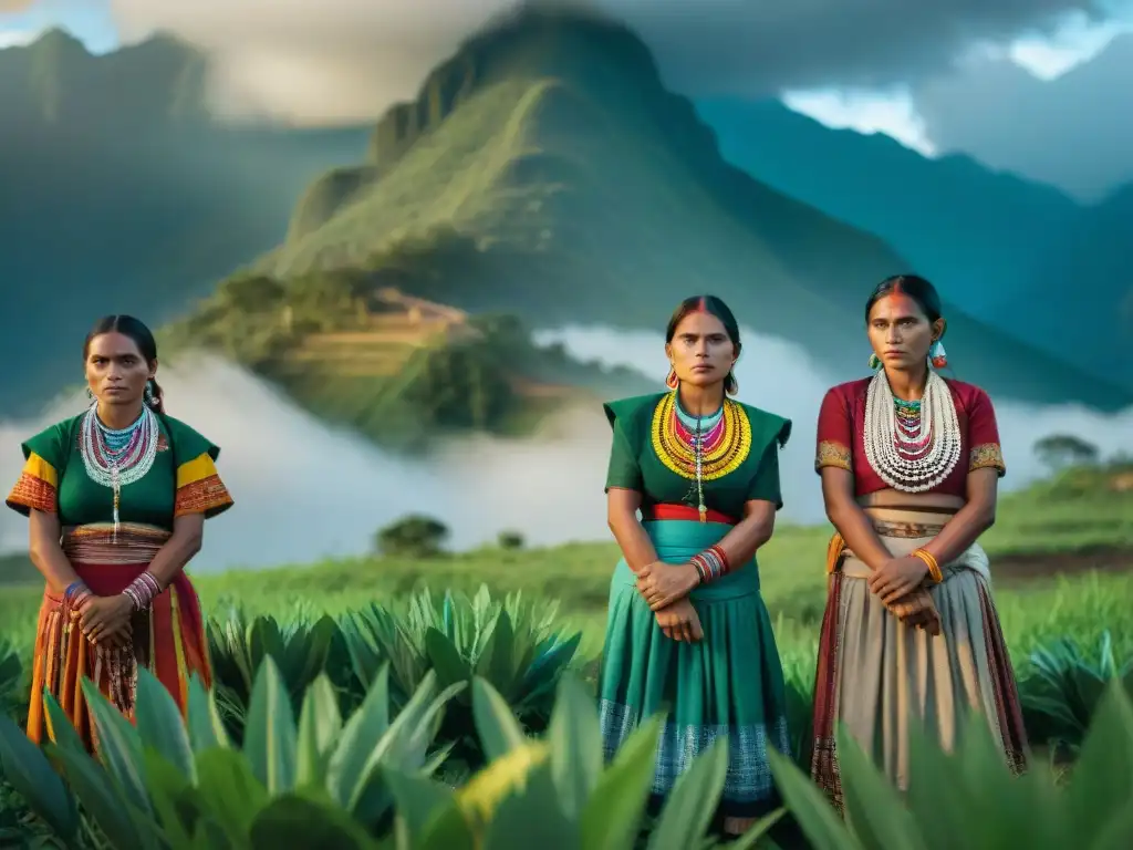 Mujeres indígenas de Guatemala unidas en la lucha por la tierra, mostrando determinación y fuerza en un campo verde con montañas al fondo