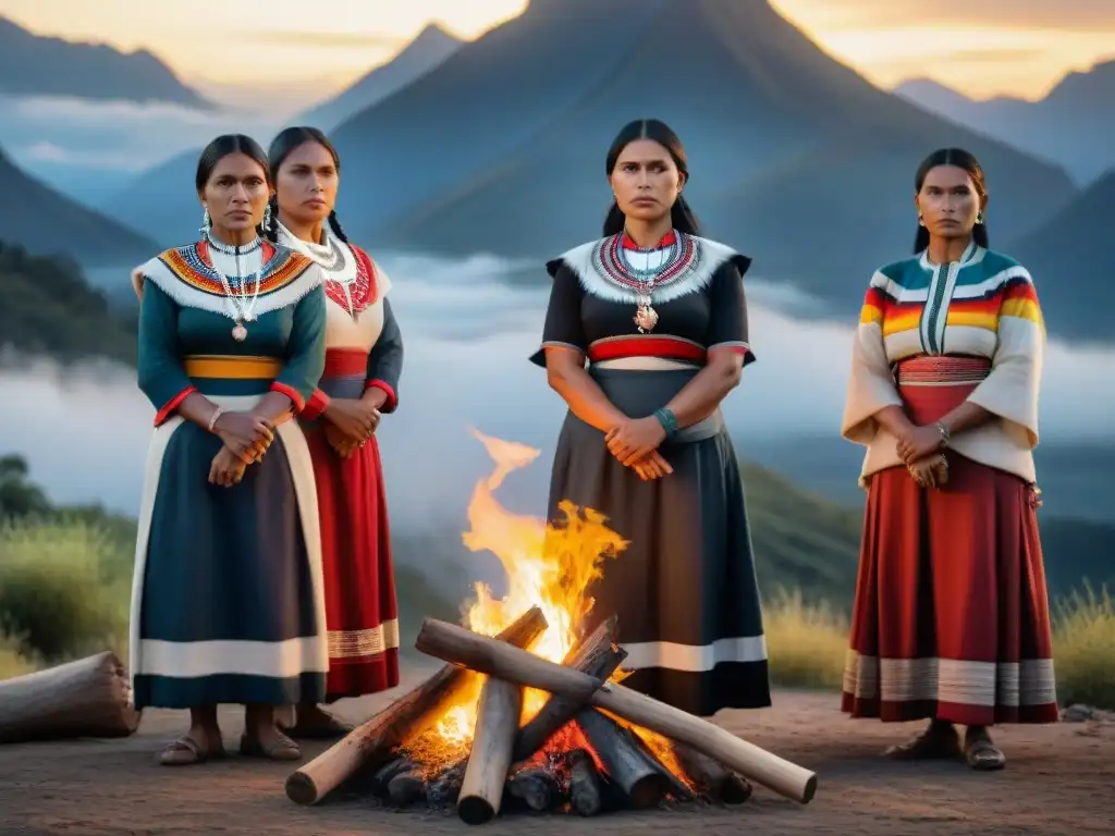 Mujeres indígenas unidas en lucha contra la violencia de género, expresando determinación y fuerza alrededor de un fuego en su comunidad rural