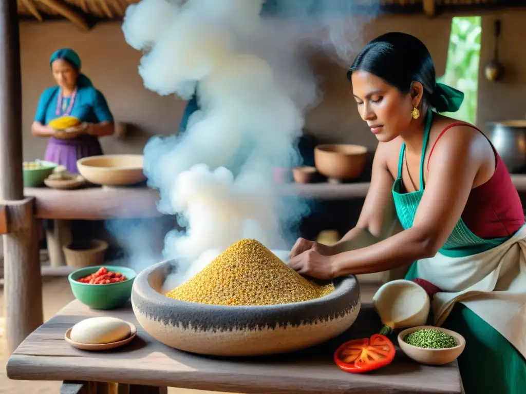 Mujeres indígenas preparando masa en metate, evocando recetas tradicionales en celebraciones indígenas