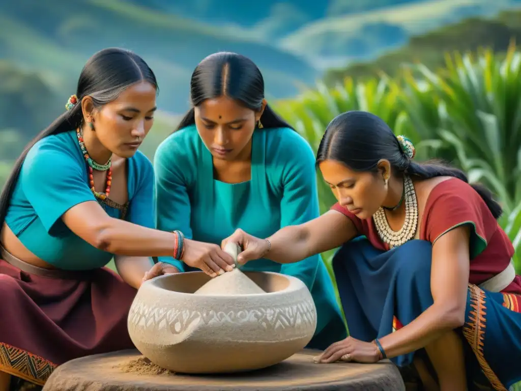 Mujeres indígenas moliendo maíz en metate, conectadas a su energía ancestral pinole cultura indígena